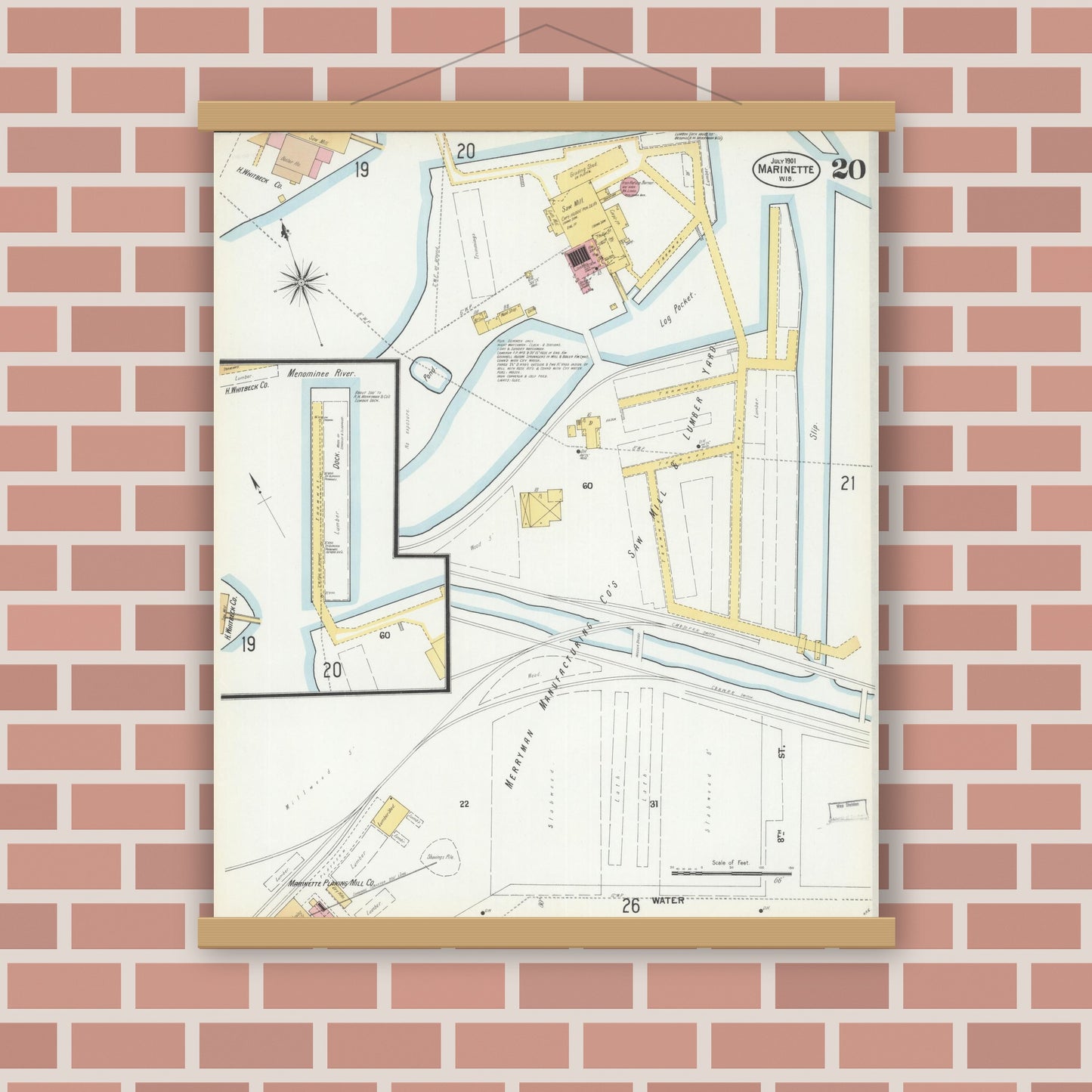 Old map wall art mockup — magnetic wood frame on brick wall — Sanborn Fire Insurance Map from Marinette, Marinette County, Wisconsin (1901), Sheet #0020