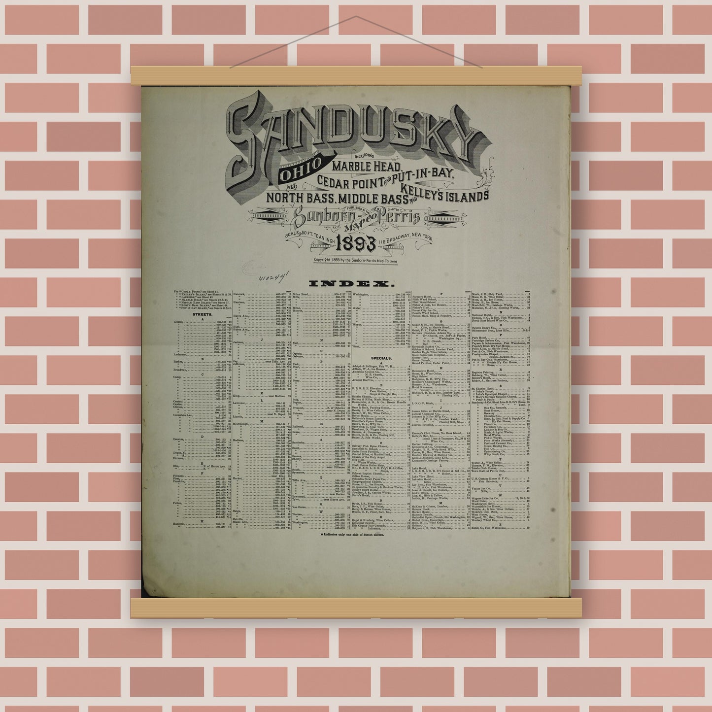 Old map wall art mockup — magnetic wood frame on brick wall — Sanborn Fire Insurance Map from Sandusky, Erie County, Ohio (1893), Sheet #0001