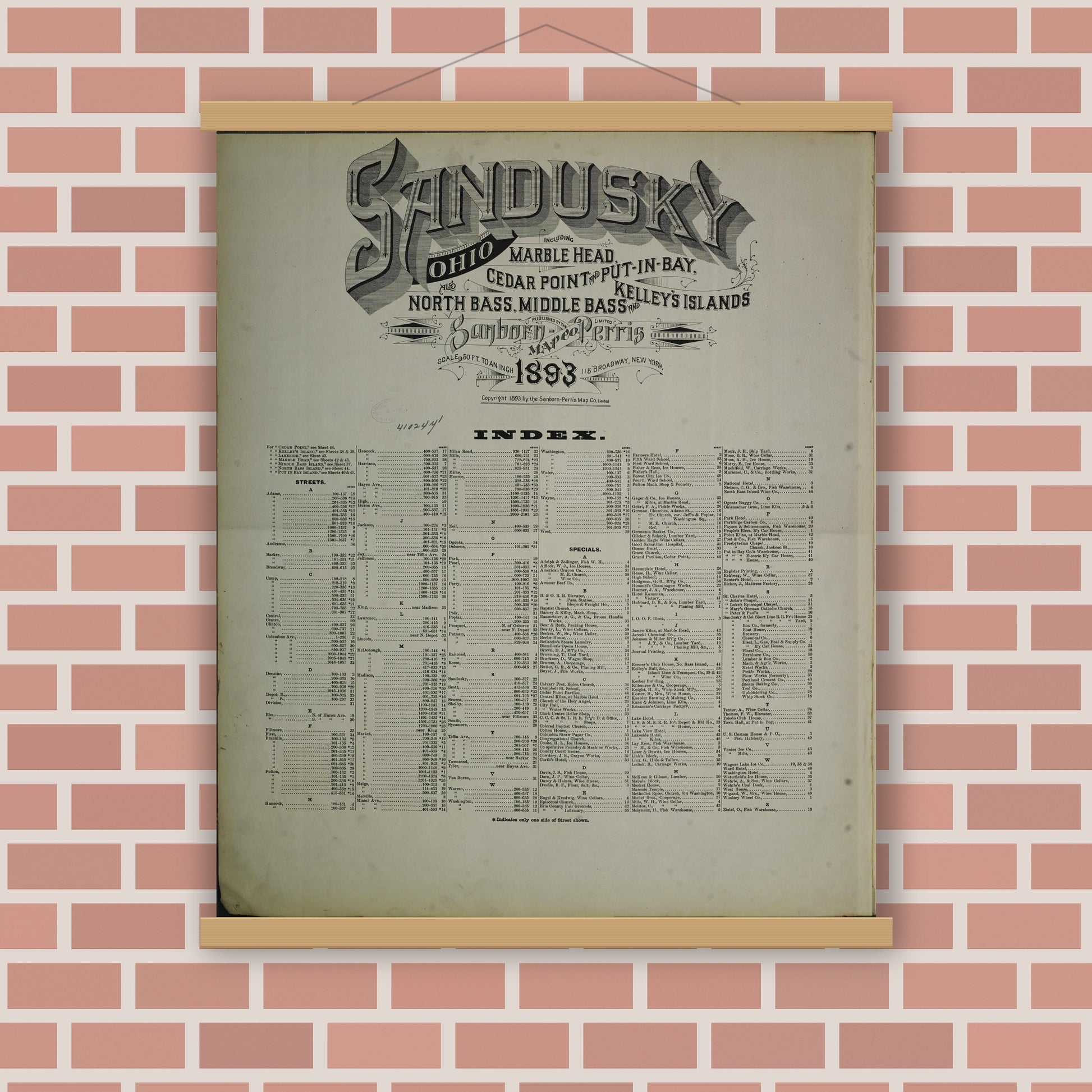 Old map wall art mockup — magnetic wood frame on brick wall — Sanborn Fire Insurance Map from Sandusky, Erie County, Ohio (1893), Sheet #0001