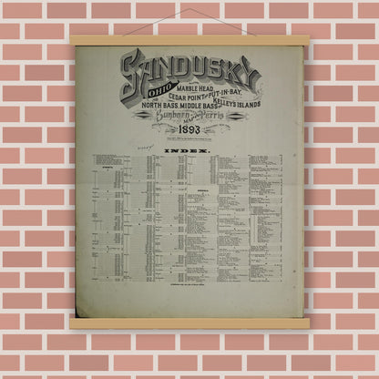 Old map wall art mockup — magnetic wood frame on brick wall — Sanborn Fire Insurance Map from Sandusky, Erie County, Ohio (1893), Sheet #0001