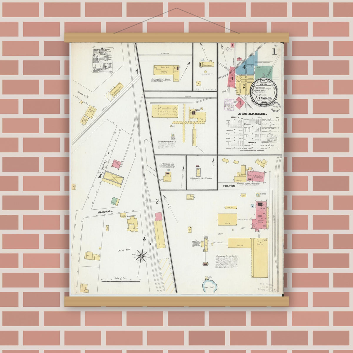 Old map wall art mockup — magnetic wood frame on brick wall — Sanborn Fire Insurance Map from Pittsburg, Camp County, Texas (1901) - Complete Map Set