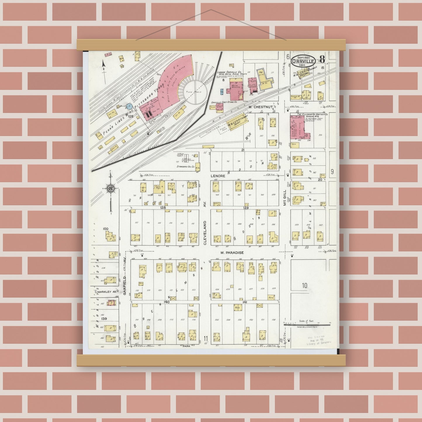 Old map wall art mockup — magnetic wood frame on brick wall — Sanborn Fire Insurance Map from Orrville, Wayne County, Ohio (1920), Sheet #0008