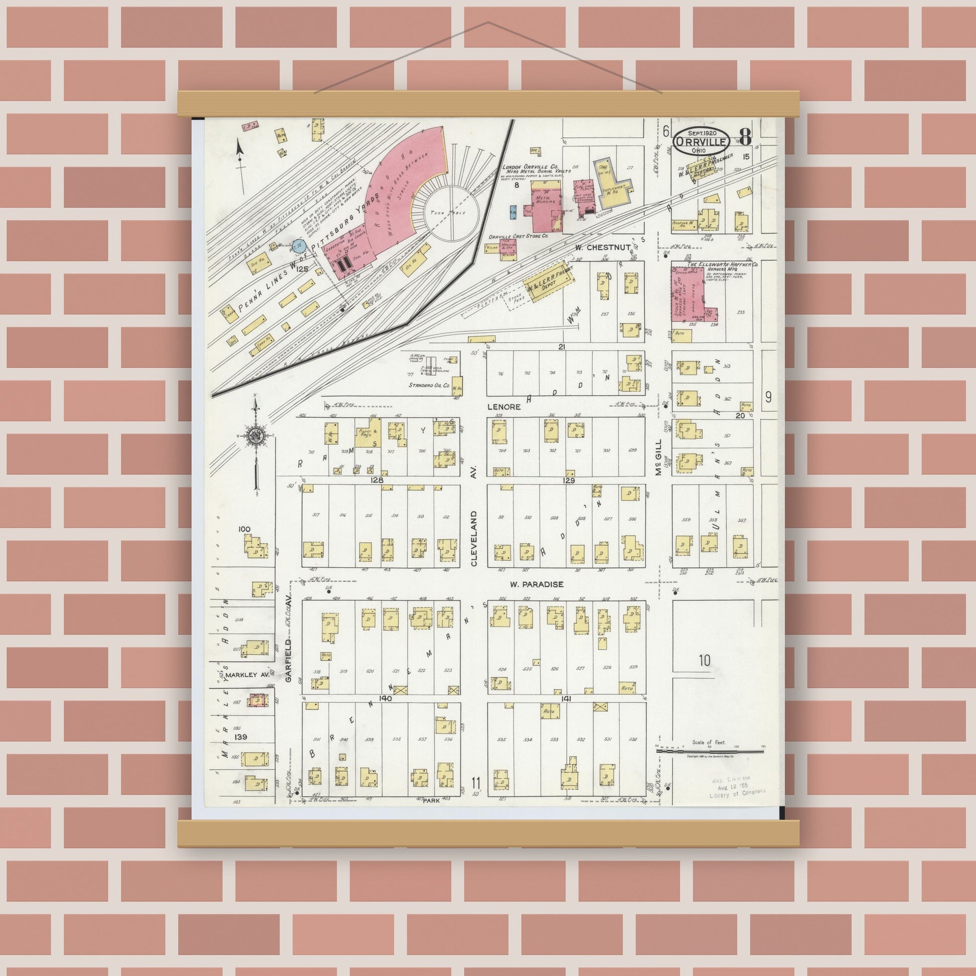 Old map wall art mockup — magnetic wood frame on brick wall — Sanborn Fire Insurance Map from Orrville, Wayne County, Ohio (1920), Sheet #0008