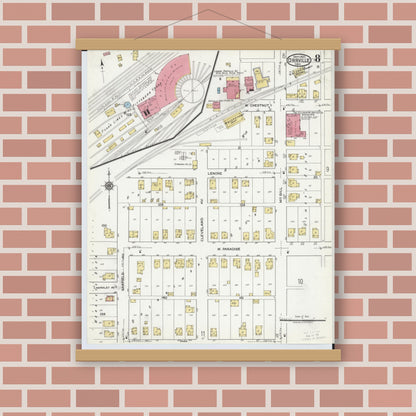 Old map wall art mockup — magnetic wood frame on brick wall — Sanborn Fire Insurance Map from Orrville, Wayne County, Ohio (1920), Sheet #0008