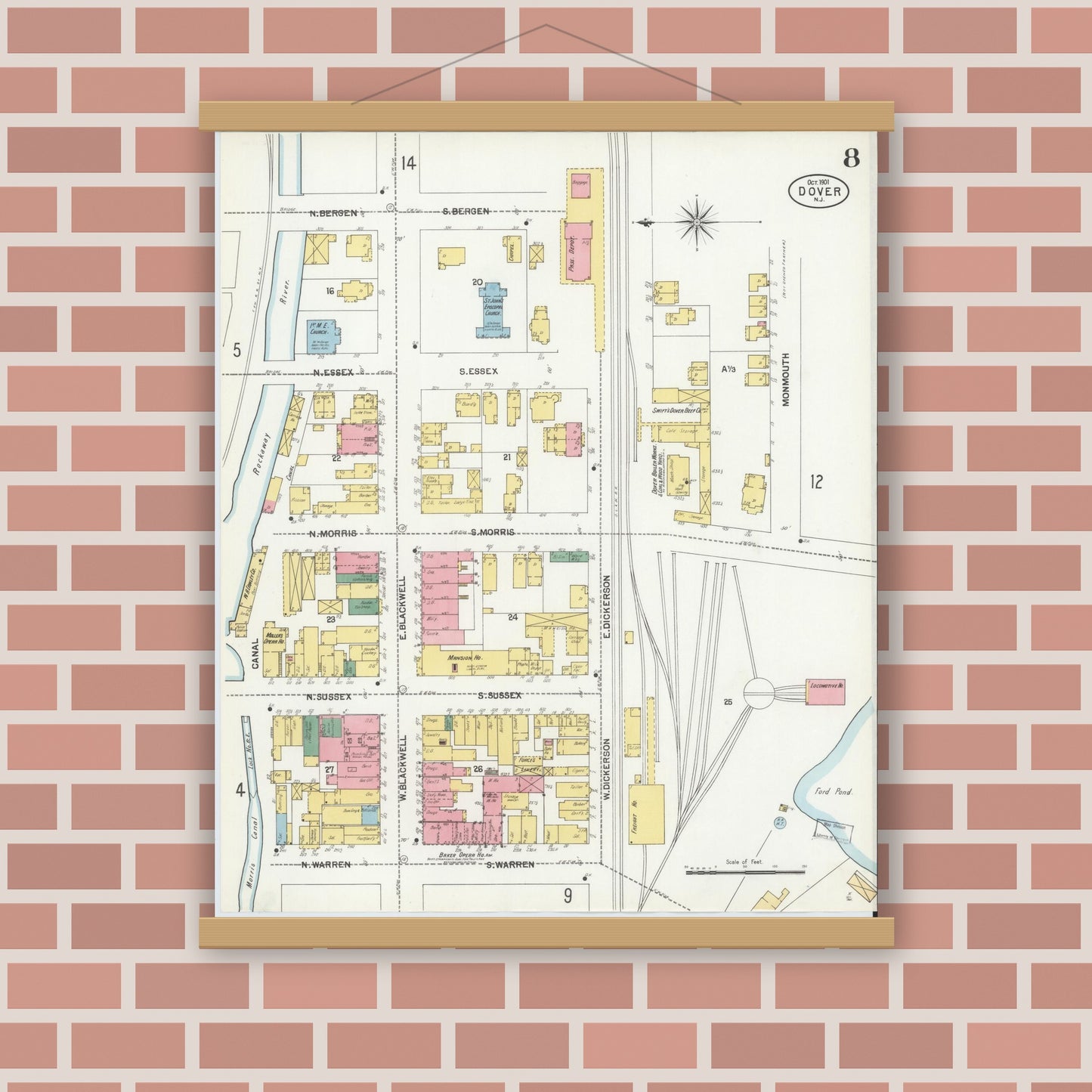 Old map wall art mockup — magnetic wood frame on brick wall — Sanborn Fire Insurance Map from Dover, Morris County, New Jersey (1900), Sheet #0008