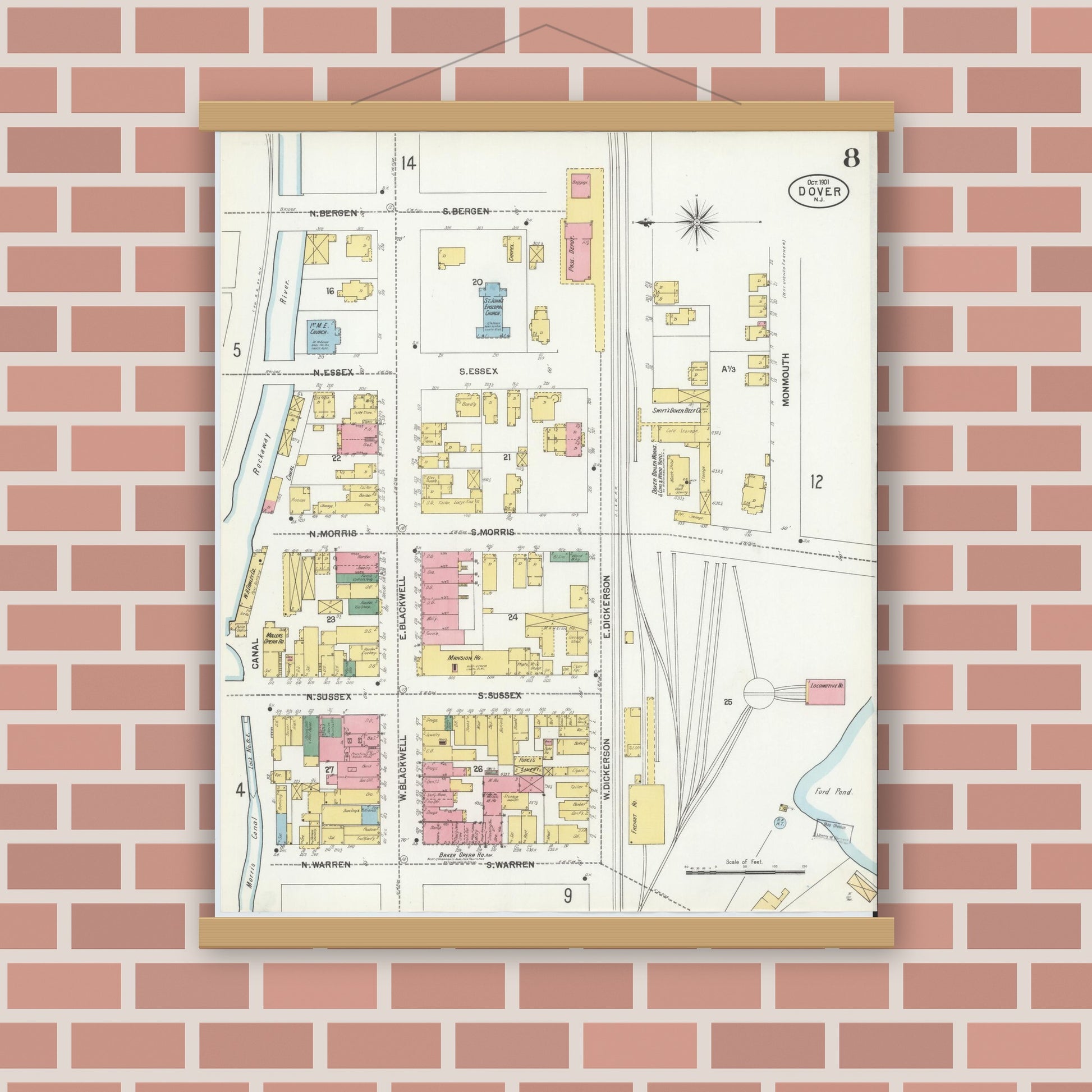 Old map wall art mockup — magnetic wood frame on brick wall — Sanborn Fire Insurance Map from Dover, Morris County, New Jersey (1900), Sheet #0008