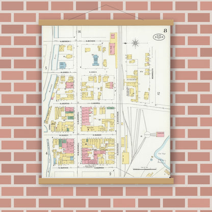 Old map wall art mockup — magnetic wood frame on brick wall — Sanborn Fire Insurance Map from Dover, Morris County, New Jersey (1900), Sheet #0008