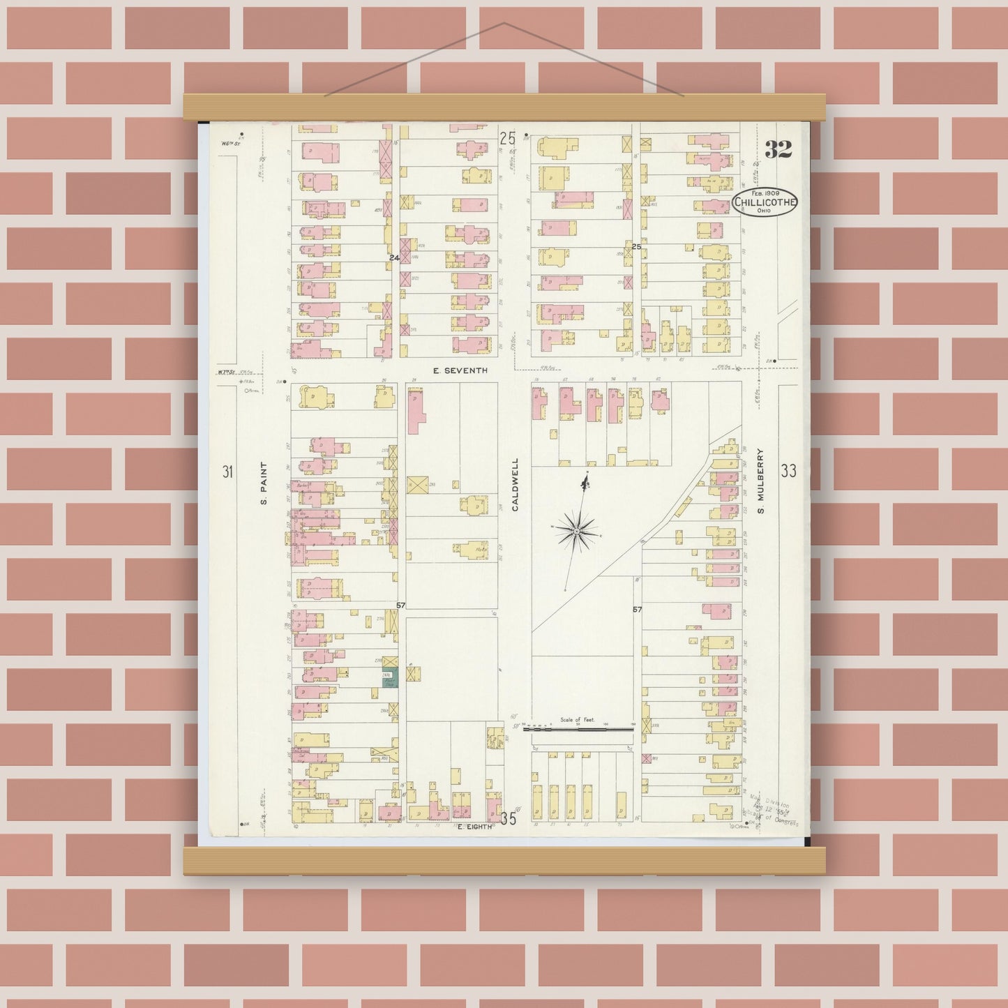 Old map wall art mockup — magnetic wood frame on brick wall — Sanborn Fire Insurance Map from Chillicothe, Ross County, Ohio (1909), Sheet #0032