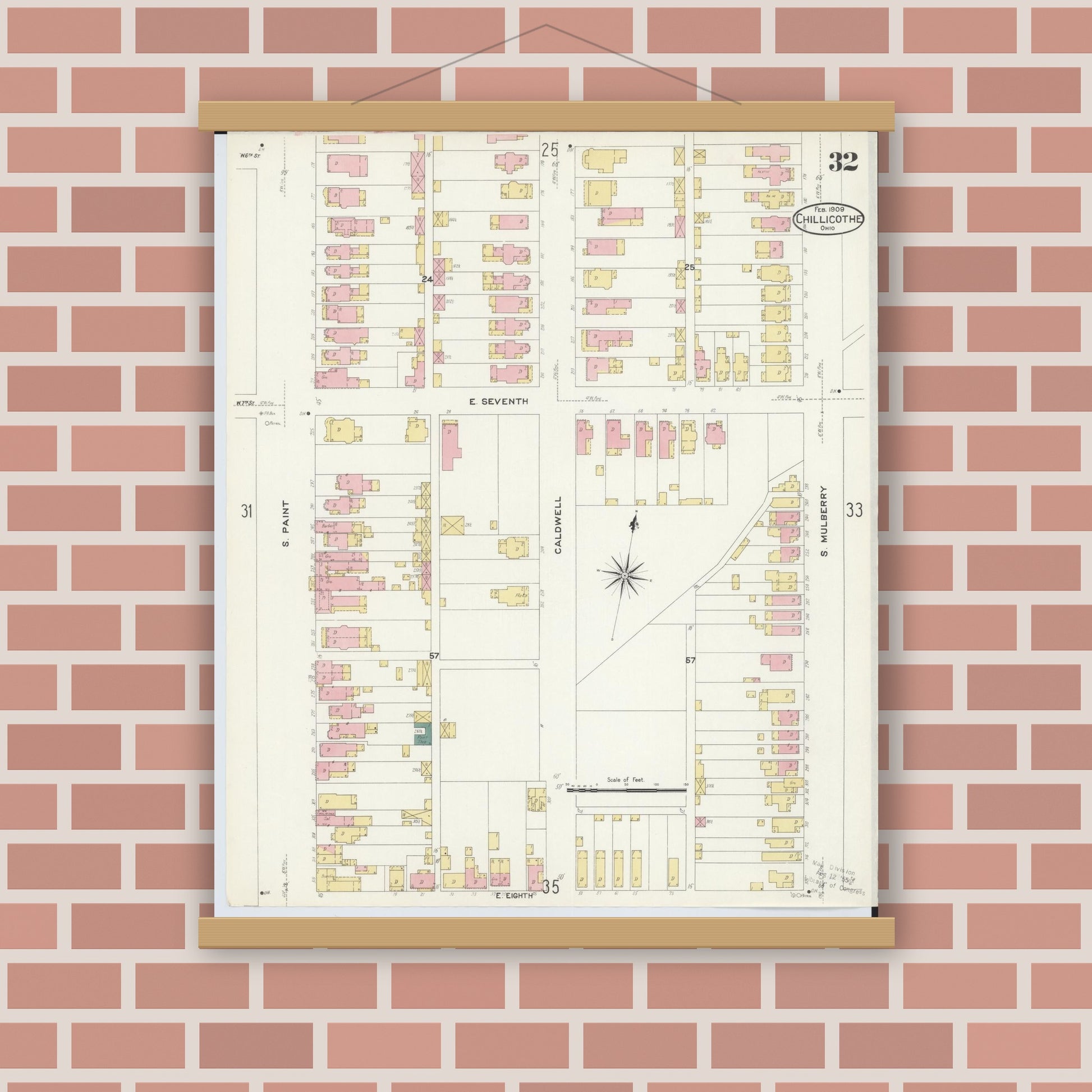 Old map wall art mockup — magnetic wood frame on brick wall — Sanborn Fire Insurance Map from Chillicothe, Ross County, Ohio (1909), Sheet #0032