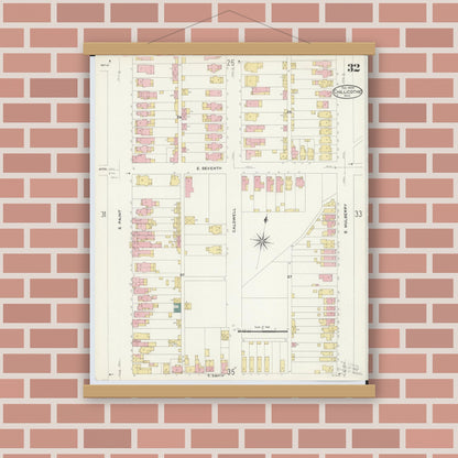 Old map wall art mockup — magnetic wood frame on brick wall — Sanborn Fire Insurance Map from Chillicothe, Ross County, Ohio (1909), Sheet #0032