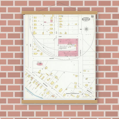 Old map wall art mockup — magnetic wood frame on brick wall — Sanborn Fire Insurance Map from Beaver Dam, Dodge County, Wisconsin (1909), Sheet #0011