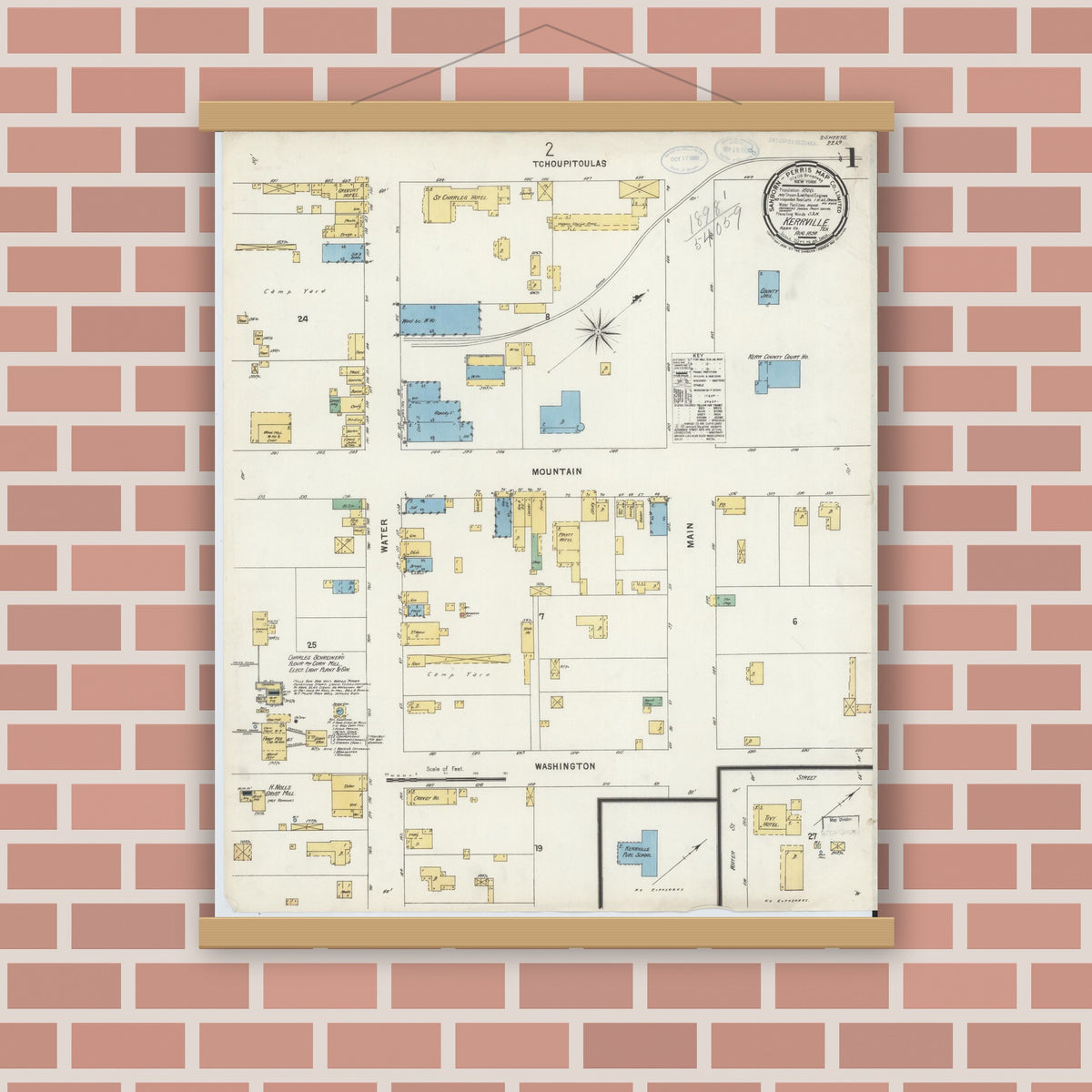 Old map wall art mockup — magnetic wood frame on brick wall — Sanborn Fire Insurance Map from Kerrville, Kerr County, Texas (1898) - Complete Map Set
