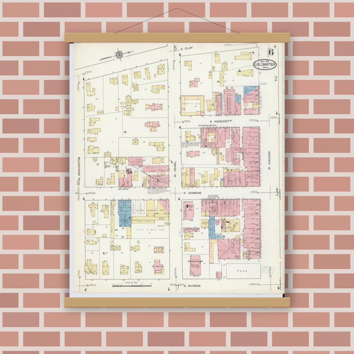 Old map wall art mockup — magnetic wood frame on brick wall — Sanborn Fire Insurance Map from Coldwater, Branch County, Michigan (1914), Sheet #0006