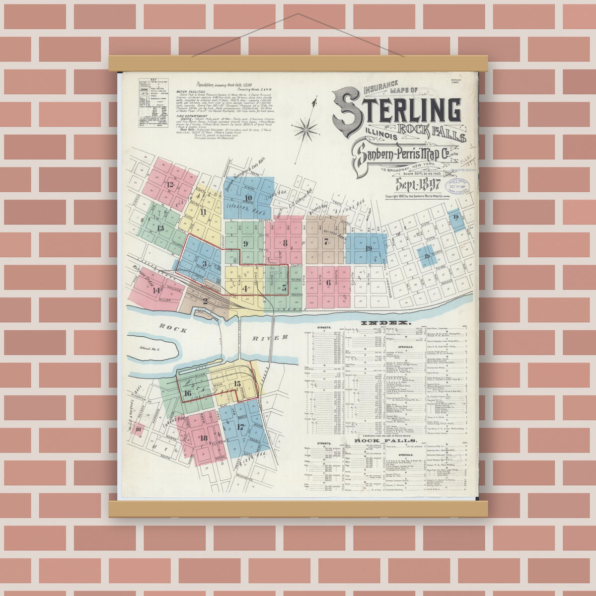 Old map wall art mockup — magnetic wood frame on brick wall — Sanborn Fire Insurance Map from Sterling, Whiteside County, Illinois (1897) - Complete Map Set