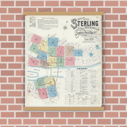 Old map wall art mockup — magnetic wood frame on brick wall — Sanborn Fire Insurance Map from Sterling, Whiteside County, Illinois (1897) - Complete Map Set