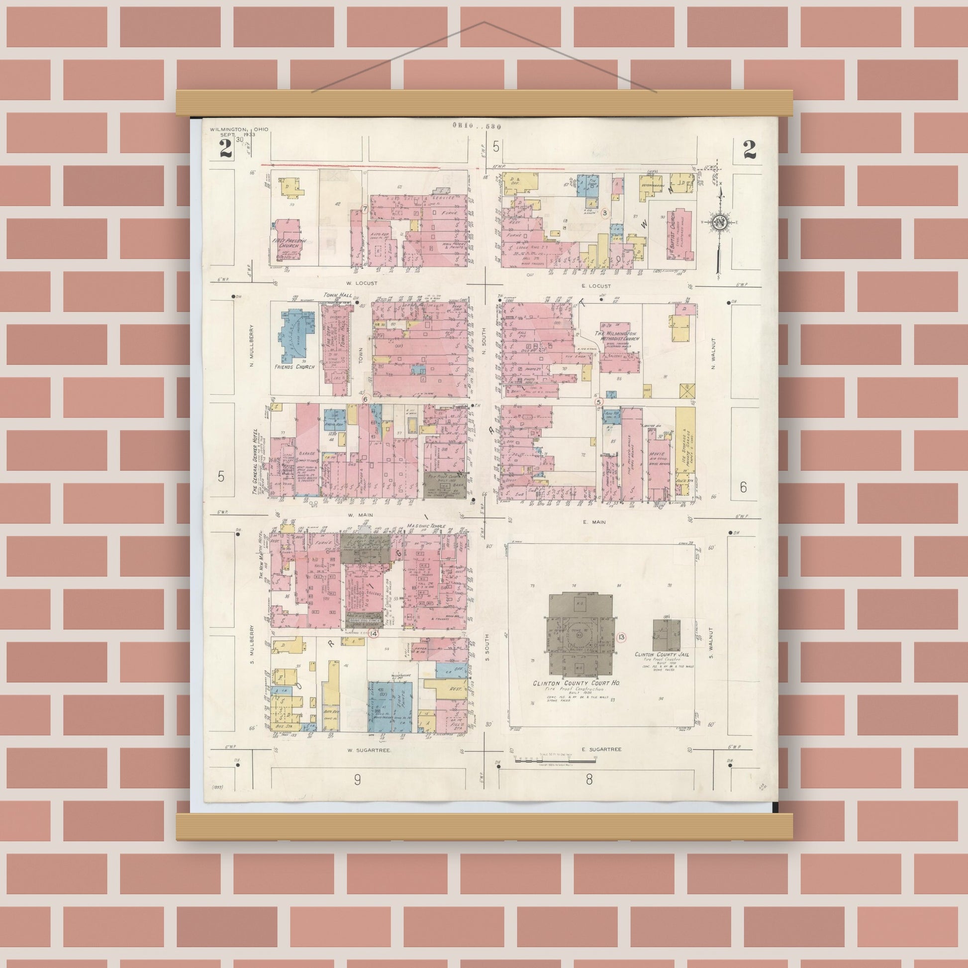 Old map wall art mockup — magnetic wood frame on brick wall — Sanborn Fire Insurance Map from Wilmington, Clinton County, Ohio (1949), Sheet #0002