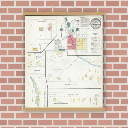 Old map wall art mockup — magnetic wood frame on brick wall — Sanborn Fire Insurance Map from Eagle River, Vilas County, Wisconsin (1909), Sheet #0001