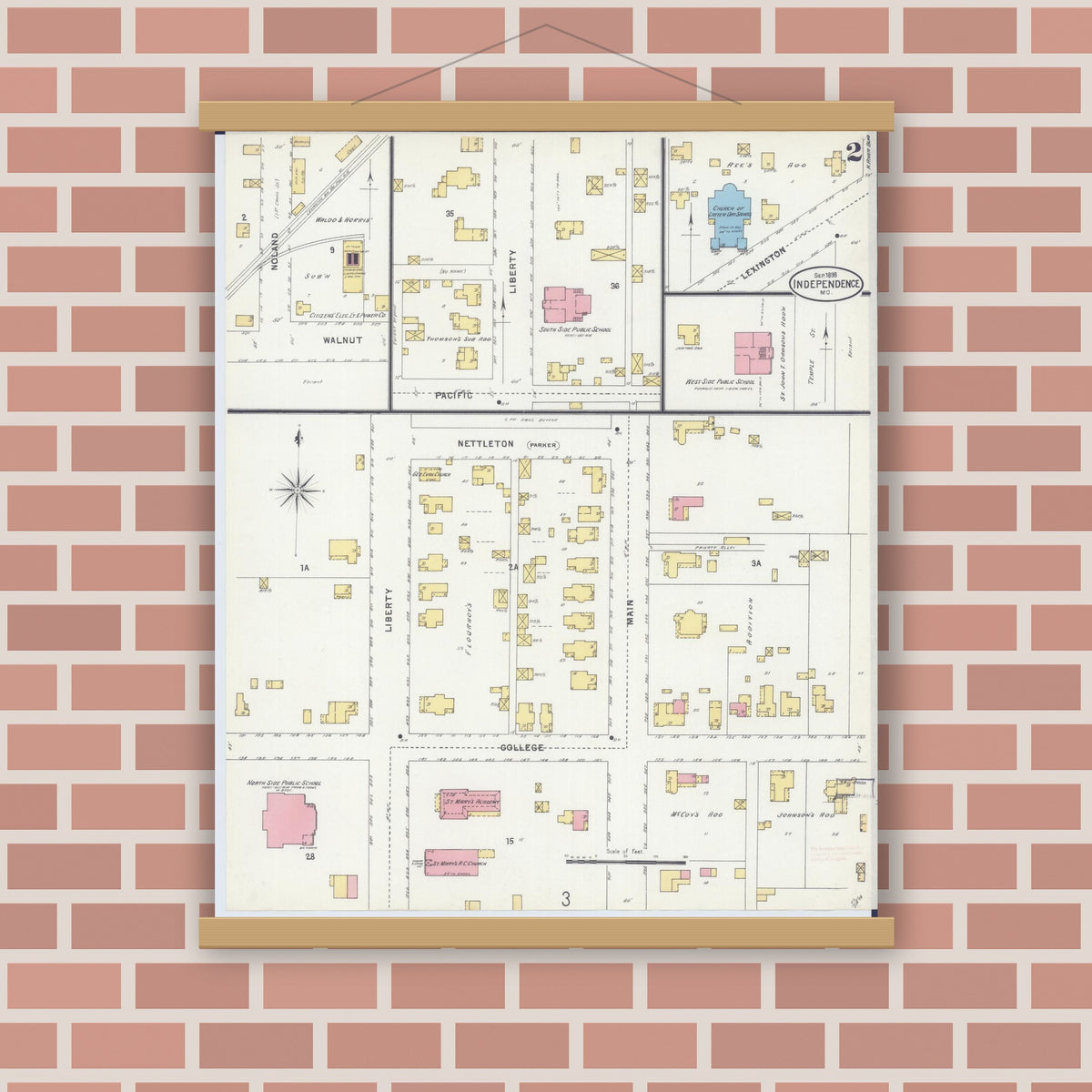 Old map wall art mockup — magnetic wood frame on brick wall — Sanborn Fire Insurance Map from Independence, Jackson County, Missouri (1898), Sheet #0002