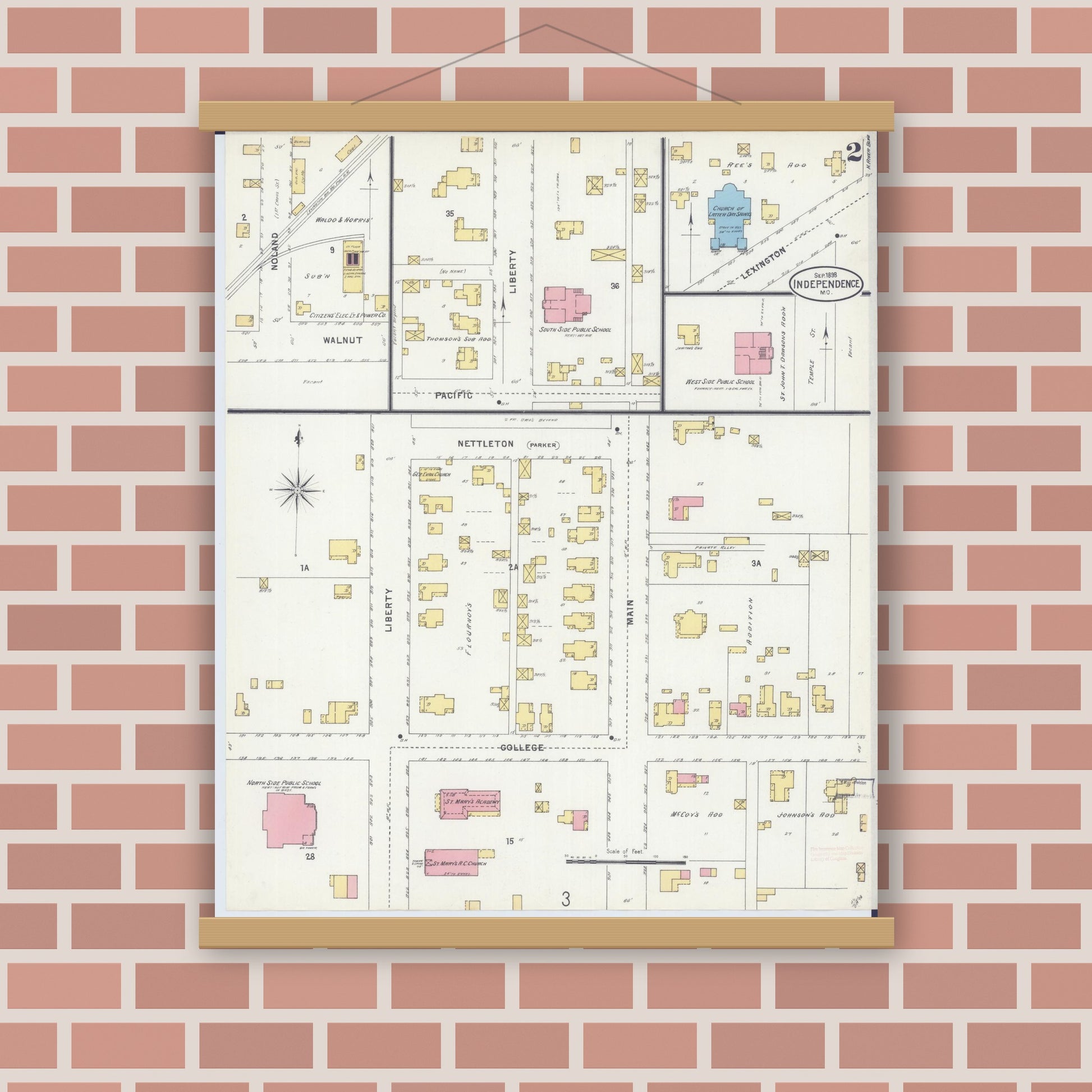 Old map wall art mockup — magnetic wood frame on brick wall — Sanborn Fire Insurance Map from Independence, Jackson County, Missouri (1898), Sheet #0002