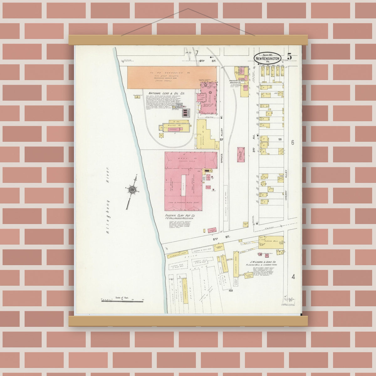 Old map wall art mockup — magnetic wood frame on brick wall — Sanborn Fire Insurance Map from New Kensington, Westmoreland County, Pennsylvania (1911), Sheet #0005