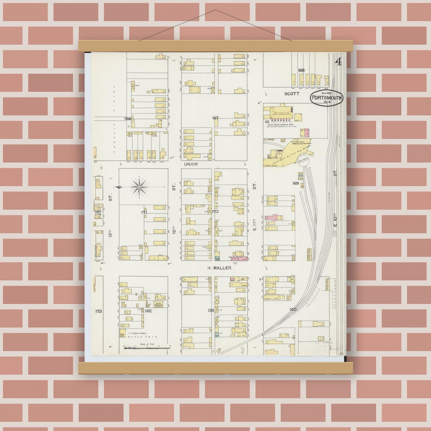 Old map wall art mockup — magnetic wood frame on brick wall — Sanborn Fire Insurance Map from Portsmouth, Scioto County, Ohio (1892), Sheet #0004