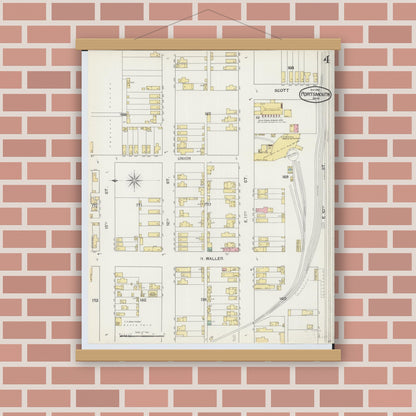 Old map wall art mockup — magnetic wood frame on brick wall — Sanborn Fire Insurance Map from Portsmouth, Scioto County, Ohio (1892), Sheet #0004