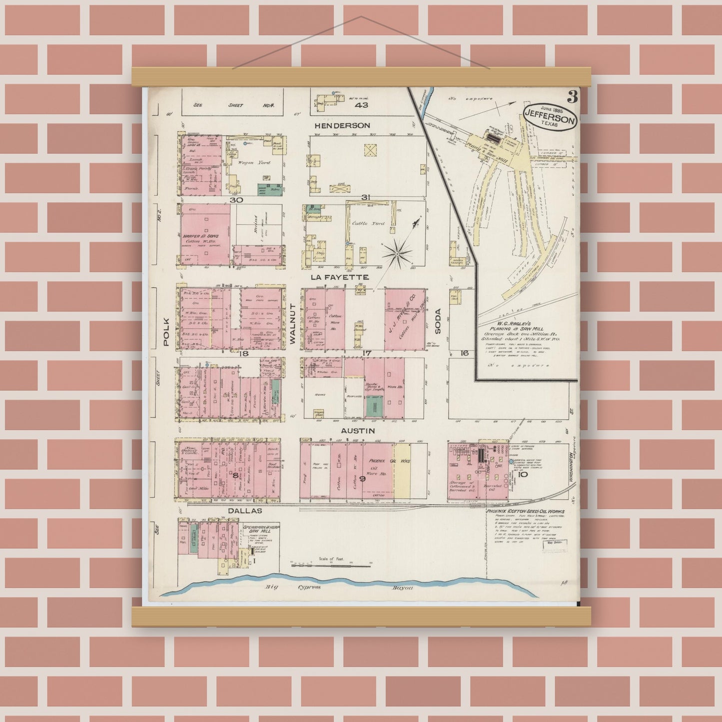 Old map wall art mockup — magnetic wood frame on brick wall — Sanborn Fire Insurance Map from Jefferson, Marion County, Texas (1885), Sheet #0003