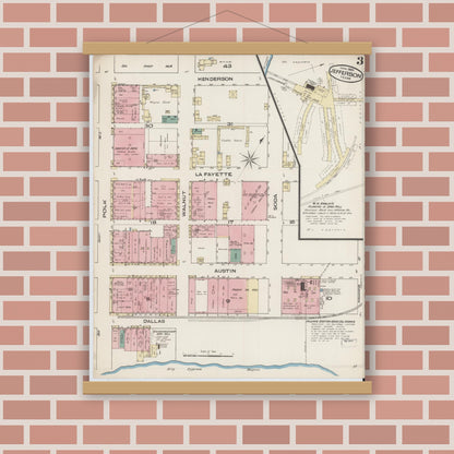 Old map wall art mockup — magnetic wood frame on brick wall — Sanborn Fire Insurance Map from Jefferson, Marion County, Texas (1885), Sheet #0003