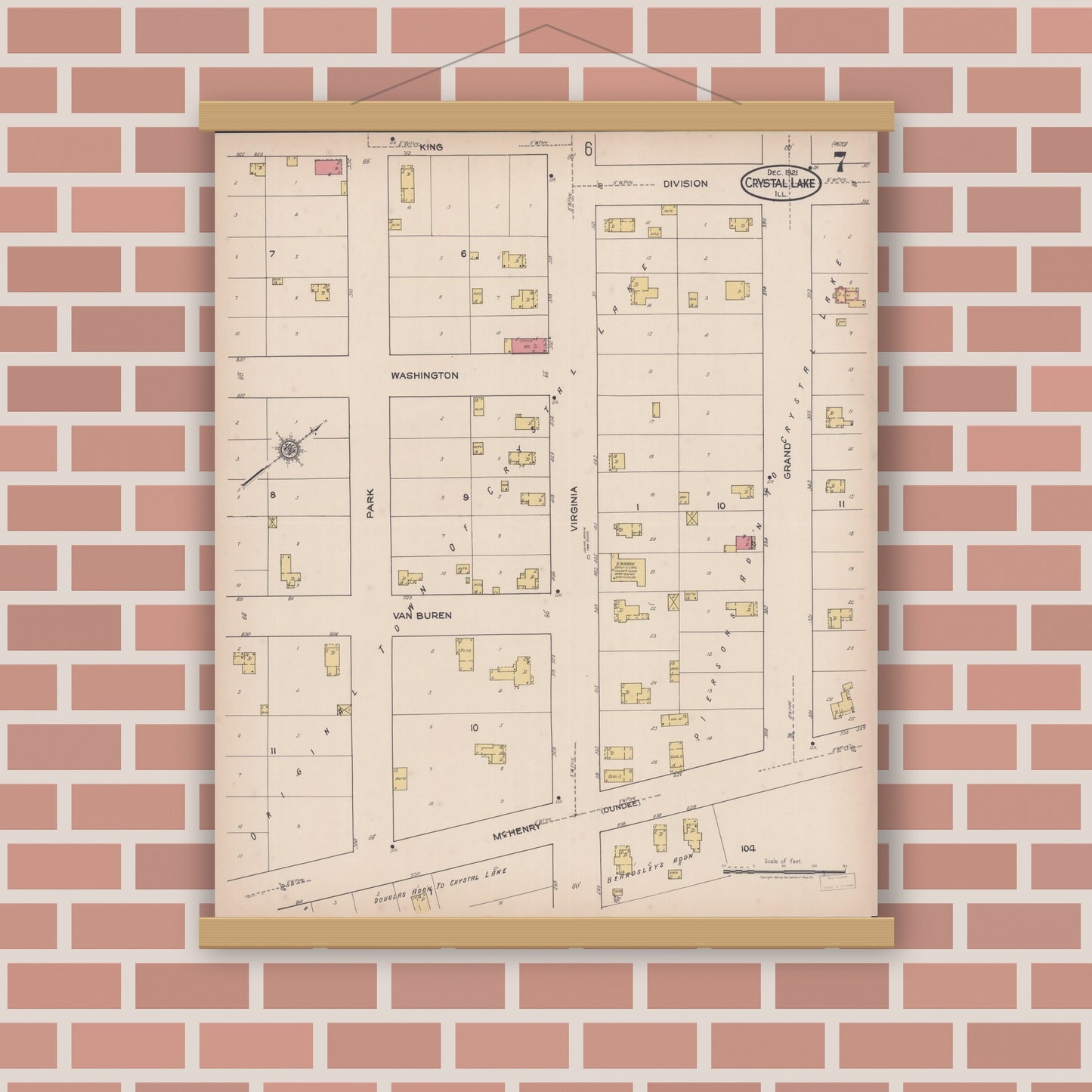 Old map wall art mockup — magnetic wood frame on brick wall — Sanborn Fire Insurance Map from Crystal Lake, McHenry County, Illinois (1921), Sheet #0007