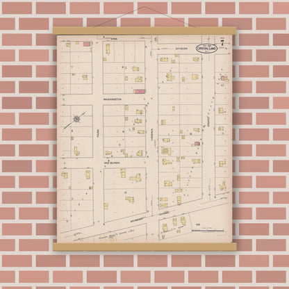 Old map wall art mockup — magnetic wood frame on brick wall — Sanborn Fire Insurance Map from Crystal Lake, McHenry County, Illinois (1921), Sheet #0007