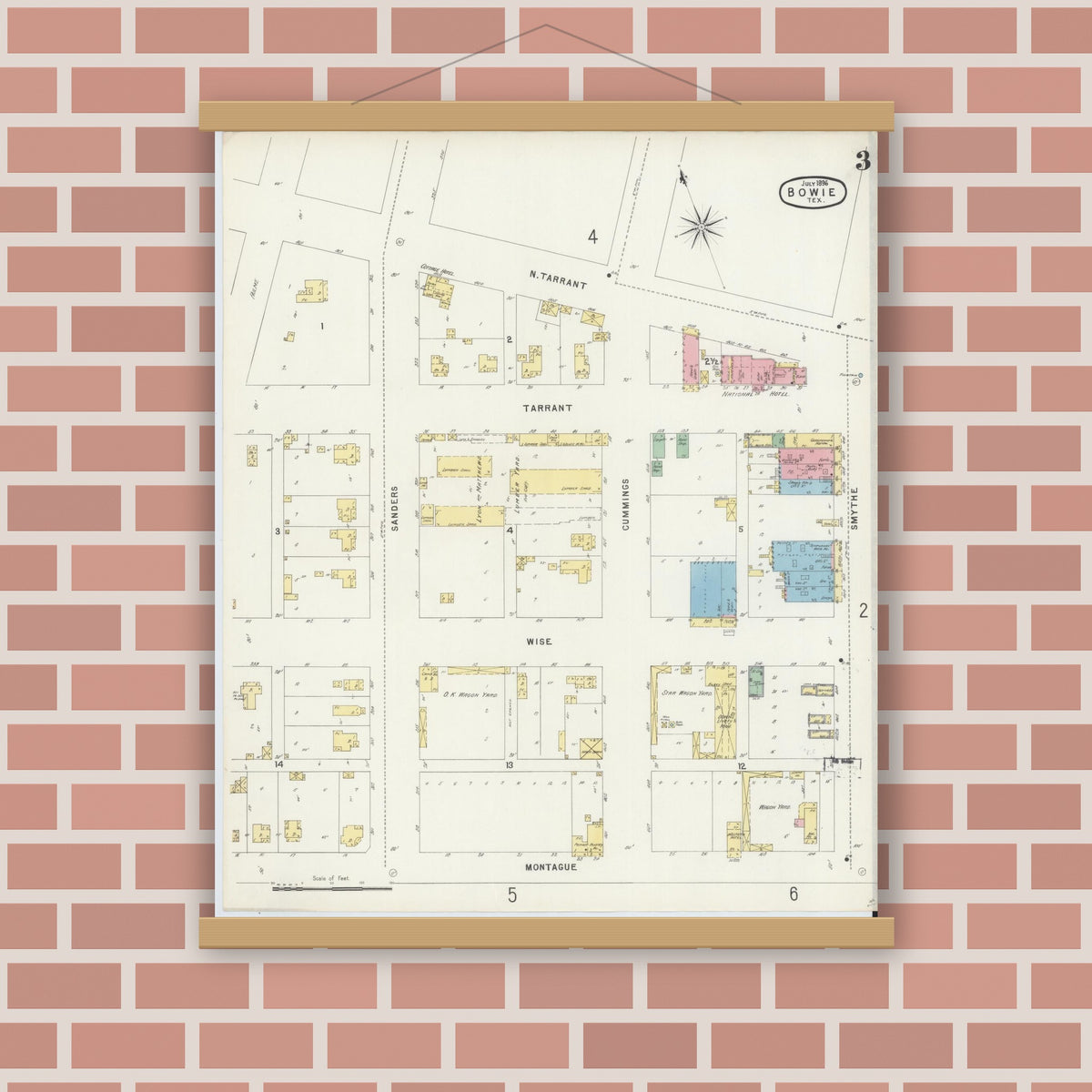 Old map wall art mockup — magnetic wood frame on brick wall — Sanborn Fire Insurance Map from Bowie, Montague County, Texas (1896), Sheet #0003