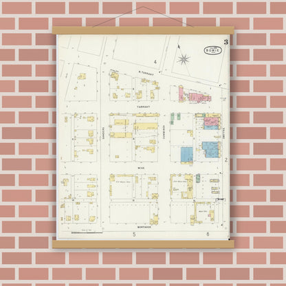 Old map wall art mockup — magnetic wood frame on brick wall — Sanborn Fire Insurance Map from Bowie, Montague County, Texas (1896), Sheet #0003