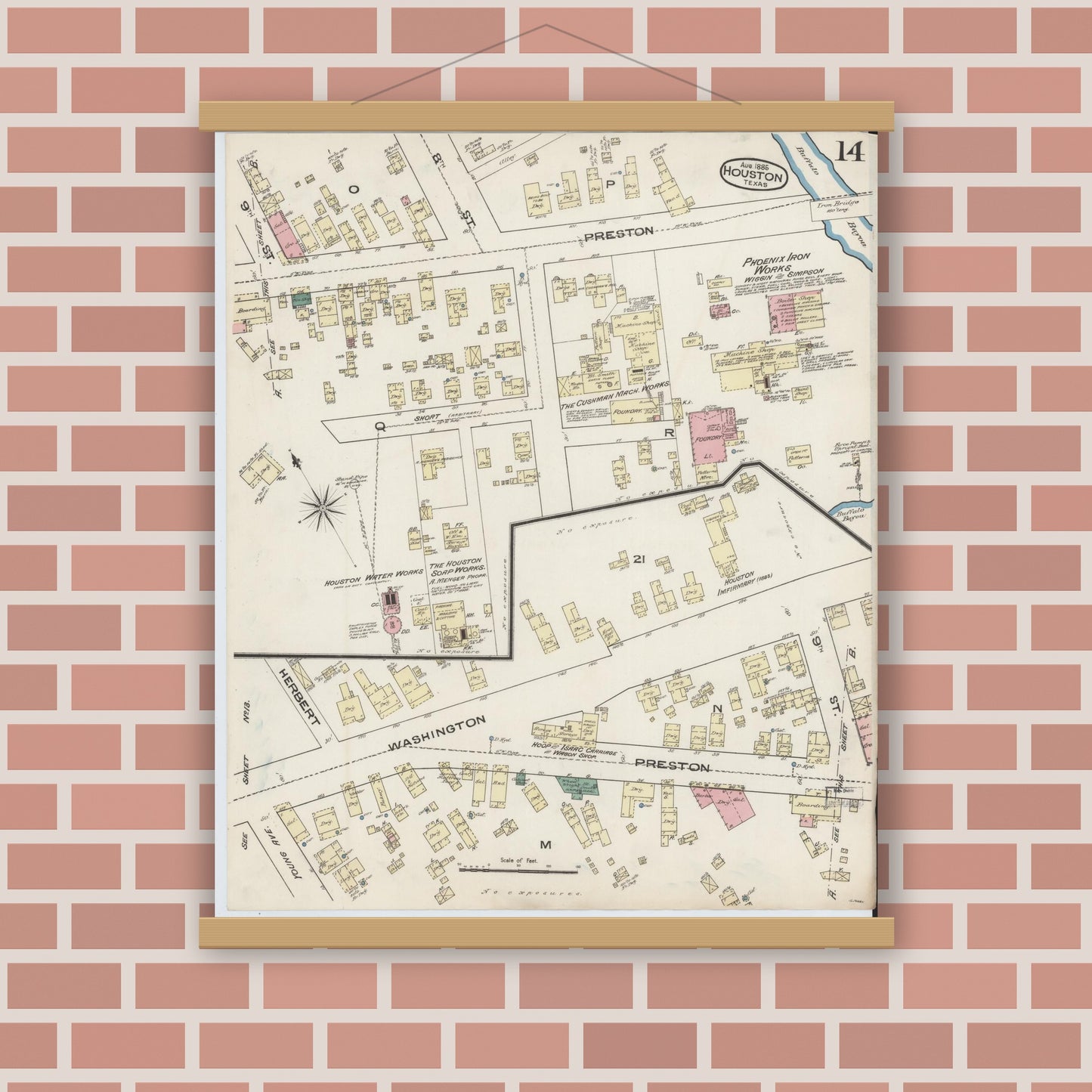 Old map wall art mockup — magnetic wood frame on brick wall — Sanborn Fire Insurance Map from Houston, Harris County, Texas (1885), Sheet #0014