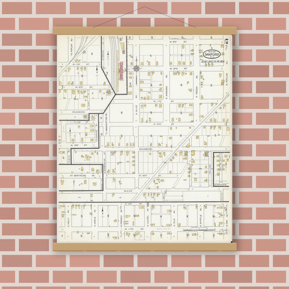 Old map wall art mockup — magnetic wood frame on brick wall — Sanborn Fire Insurance Map from Sanford, Seminole County, Florida (1917), Sheet #0007