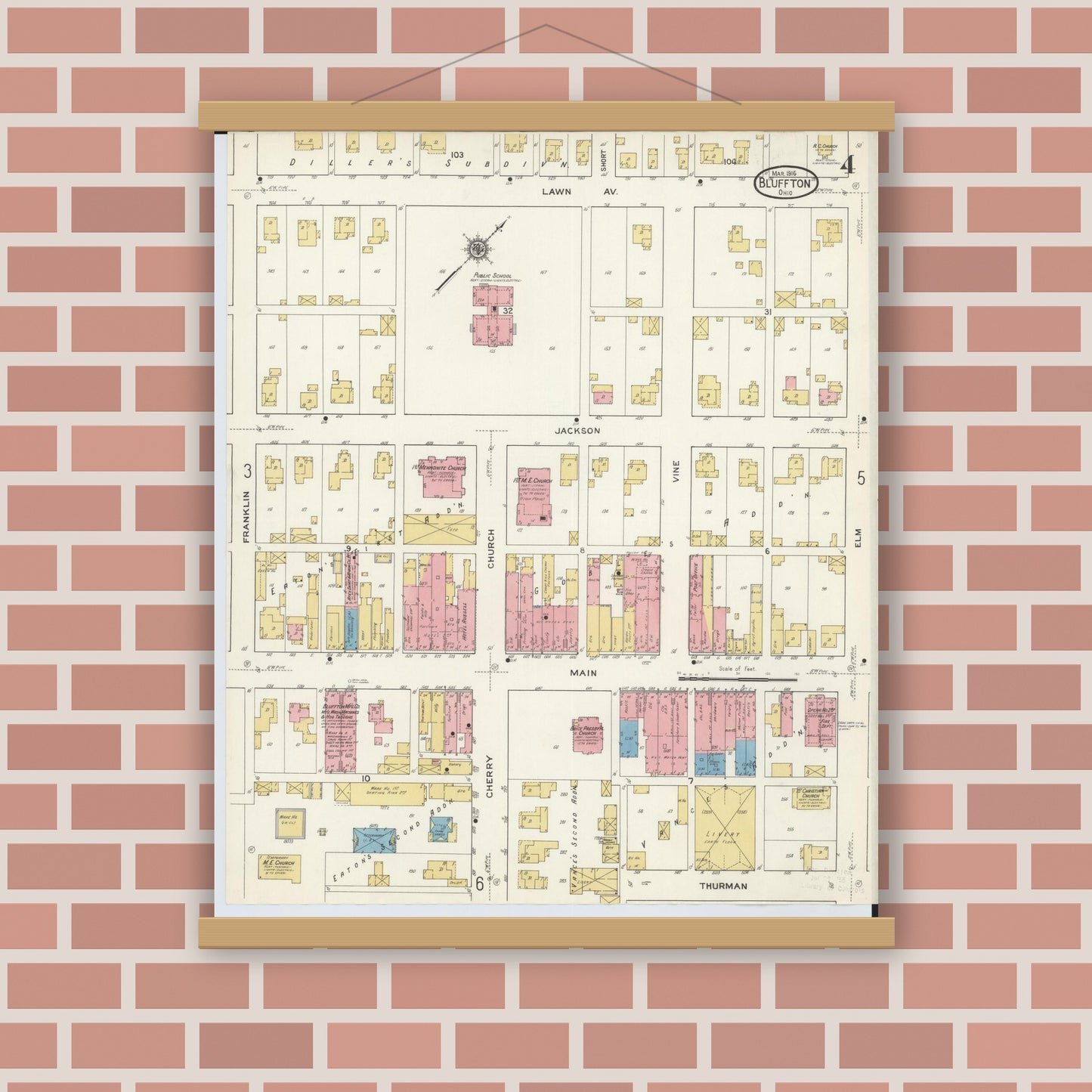 Old map wall art mockup — magnetic wood frame on brick wall — Sanborn Fire Insurance Map from Bluffton, Allen County, Ohio (1916), Sheet #0004