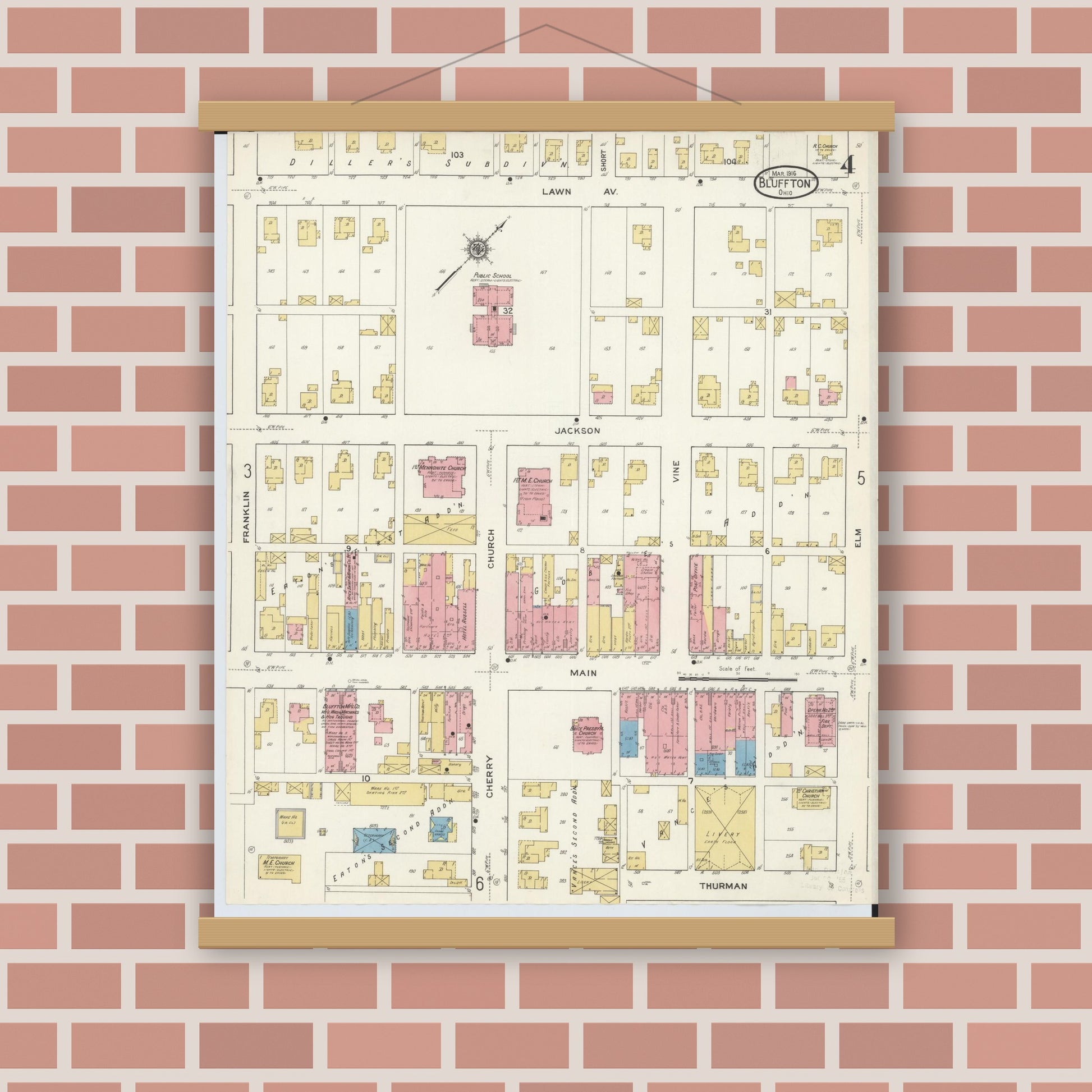 Old map wall art mockup — magnetic wood frame on brick wall — Sanborn Fire Insurance Map from Bluffton, Allen County, Ohio (1916), Sheet #0004