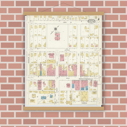 Old map wall art mockup — magnetic wood frame on brick wall — Sanborn Fire Insurance Map from Bluffton, Allen County, Ohio (1916), Sheet #0004