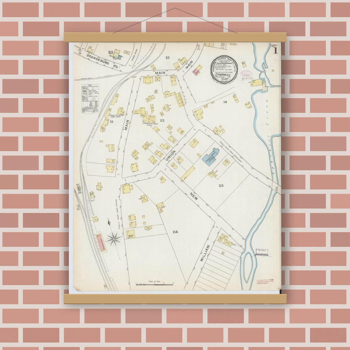 Old map wall art mockup — magnetic wood frame on brick wall — Sanborn Fire Insurance Map from Sparkill, Rockland County, New York (1893) - Complete Map Set