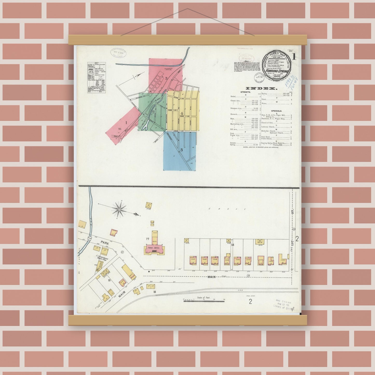 Old map wall art mockup — magnetic wood frame on brick wall — Sanborn Fire Insurance Map from Roaring Spring, Blair County, Pennsylvania (1899), Sheet #0001
