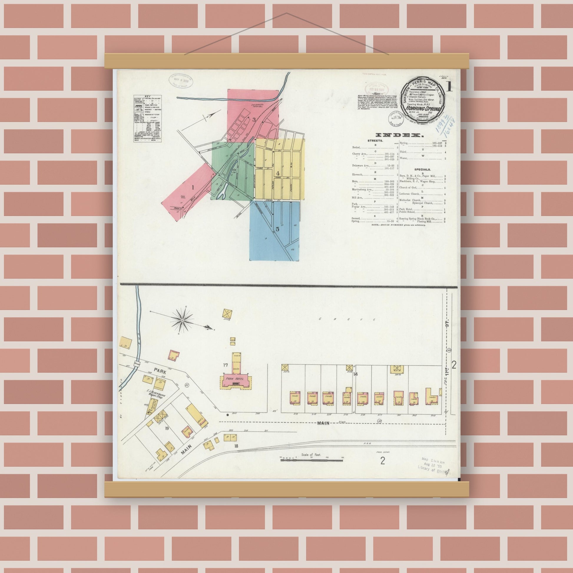 Old map wall art mockup — magnetic wood frame on brick wall — Sanborn Fire Insurance Map from Roaring Spring, Blair County, Pennsylvania (1899), Sheet #0001