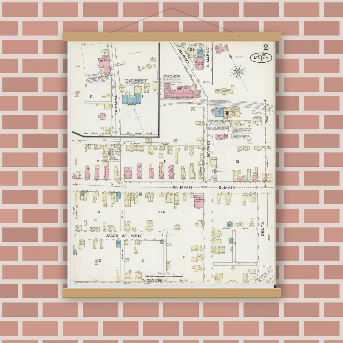 Old map wall art mockup — magnetic wood frame on brick wall — Sanborn Fire Insurance Map from Mount Joy, Lancaster County, Pennsylvania (1891), Sheet #0002