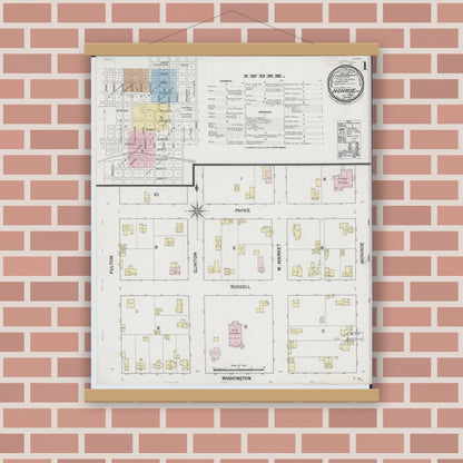 Old map wall art mockup — magnetic wood frame on brick wall — Sanborn Fire Insurance Map from Monroe, Green County, Wisconsin (1889), Sheet #0001