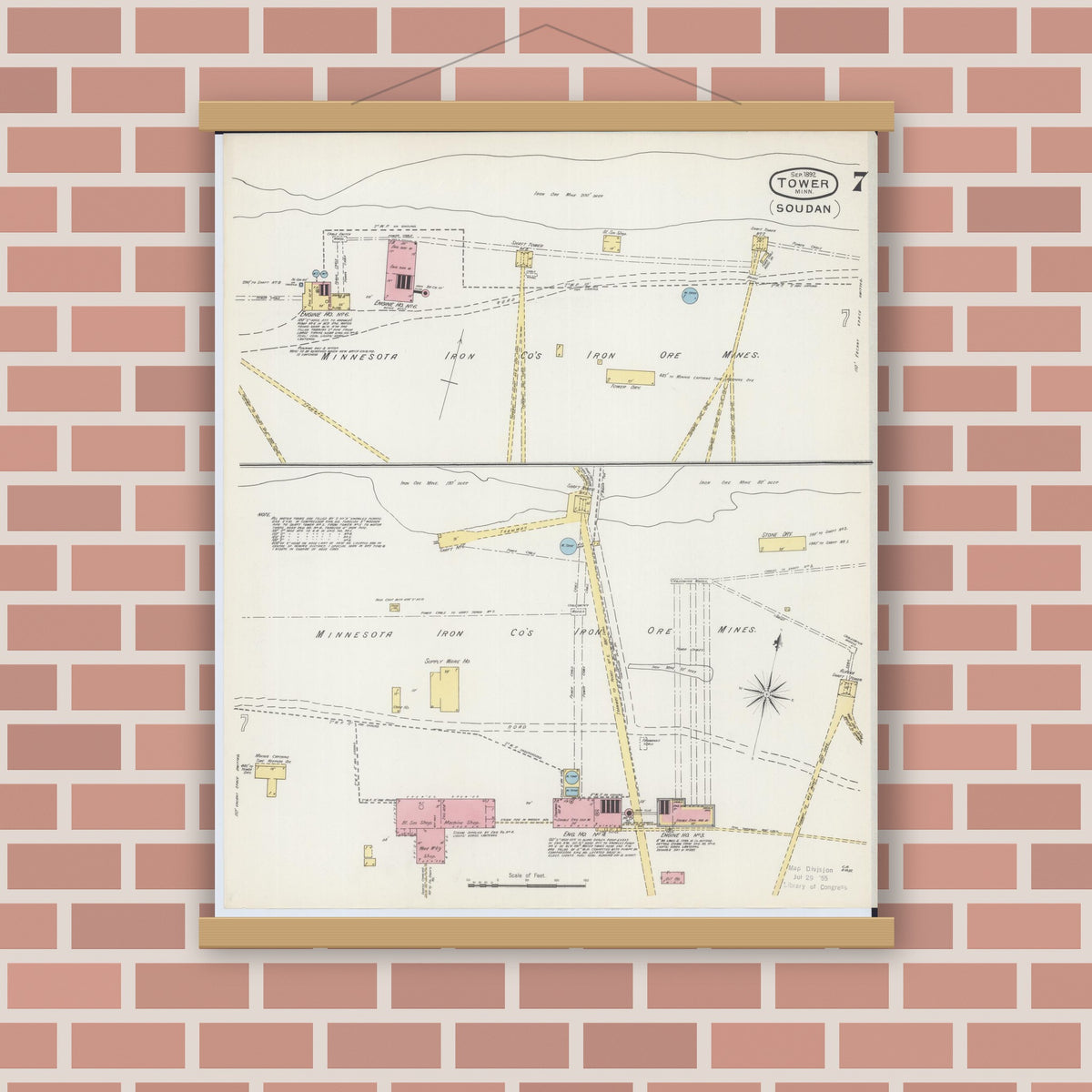 Old map wall art mockup — magnetic wood frame on brick wall — Sanborn Fire Insurance Map from Tower, Saint Louis County, Minnesota (1892), Sheet #0007