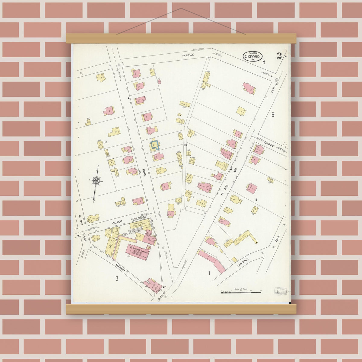 Old map wall art mockup — magnetic wood frame on brick wall — Sanborn Fire Insurance Map from Oxford, Chester County, Pennsylvania (1914), Sheet #0002