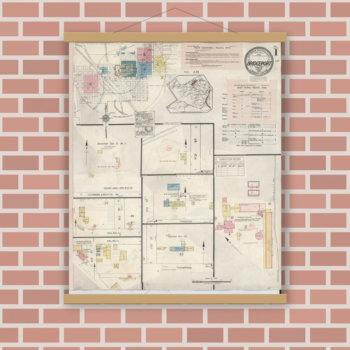 Old map wall art mockup — magnetic wood frame on brick wall — Sanborn Fire Insurance Map from Bridgeport, Wise County, Texas (1944) - Complete Map Set
