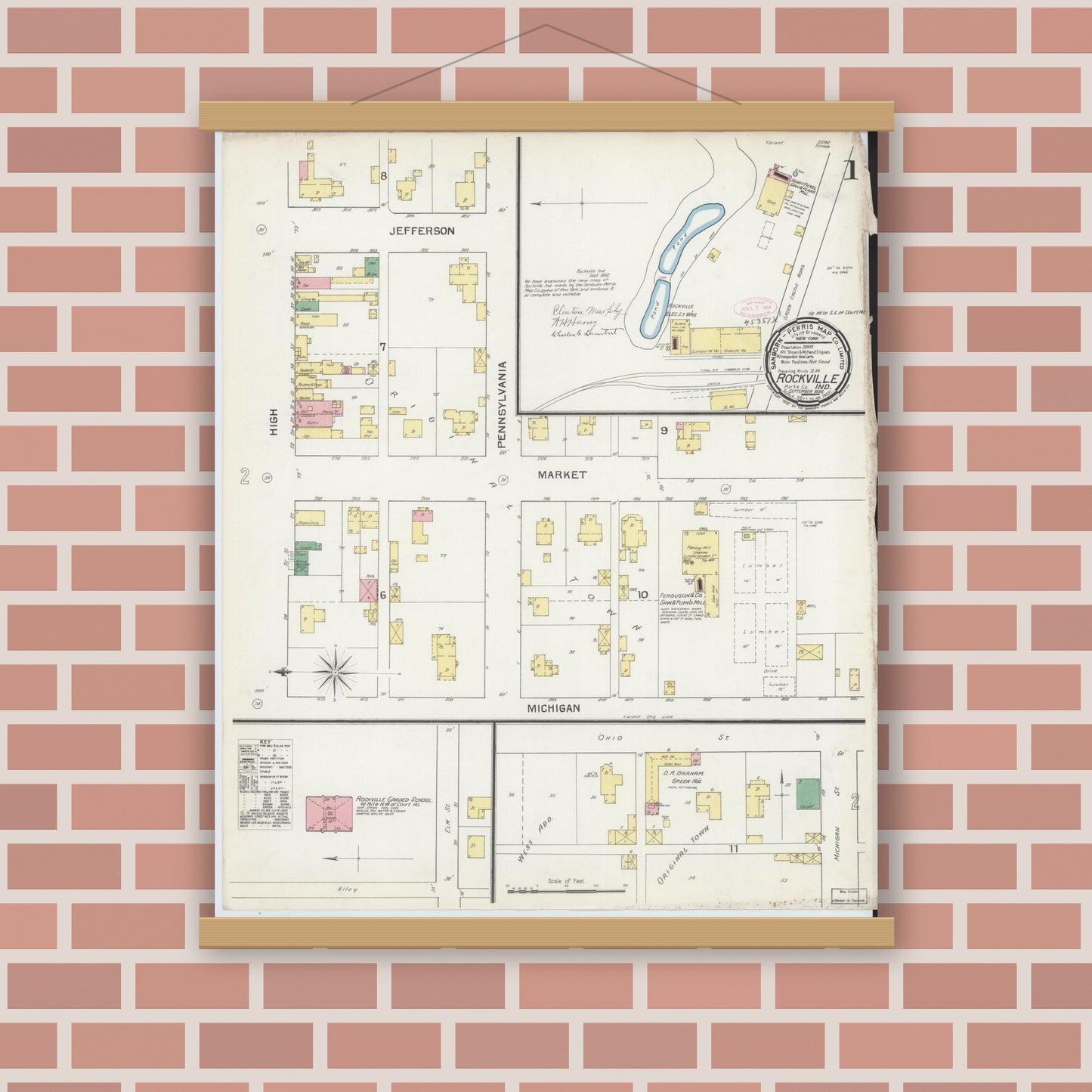 Old map wall art mockup — magnetic wood frame on brick wall — Sanborn Fire Insurance Map from Rockville, Parke County, Indiana (1892) - Complete Map Set