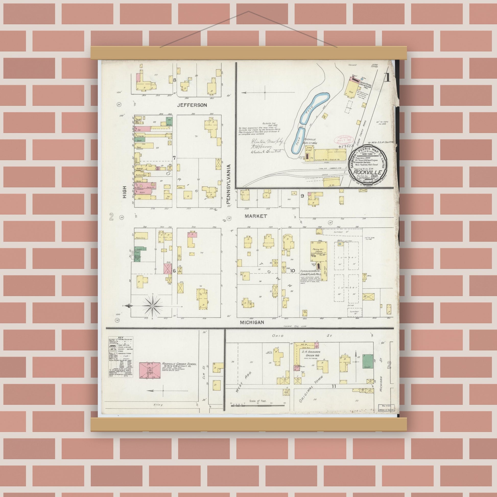 Old map wall art mockup — magnetic wood frame on brick wall — Sanborn Fire Insurance Map from Rockville, Parke County, Indiana (1892) - Complete Map Set