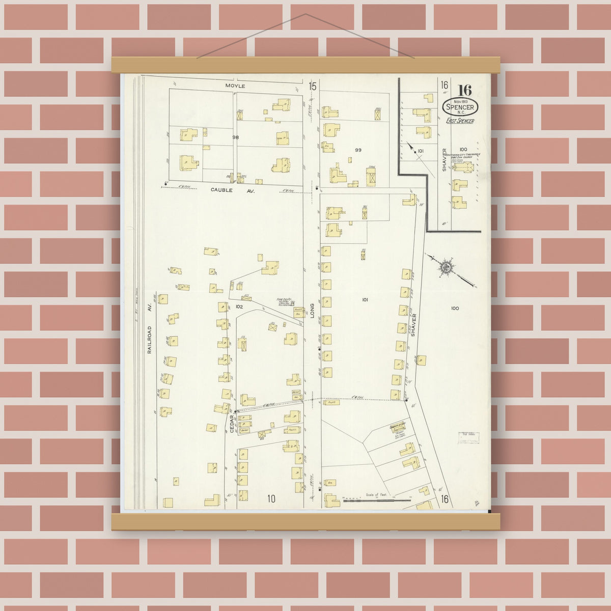 Old map wall art mockup — magnetic wood frame on brick wall — Sanborn Fire Insurance Map from Spencer, Rowan County, North Carolina (1913), Sheet #0016