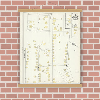 Old map wall art mockup — magnetic wood frame on brick wall — Sanborn Fire Insurance Map from Spencer, Rowan County, North Carolina (1913), Sheet #0016