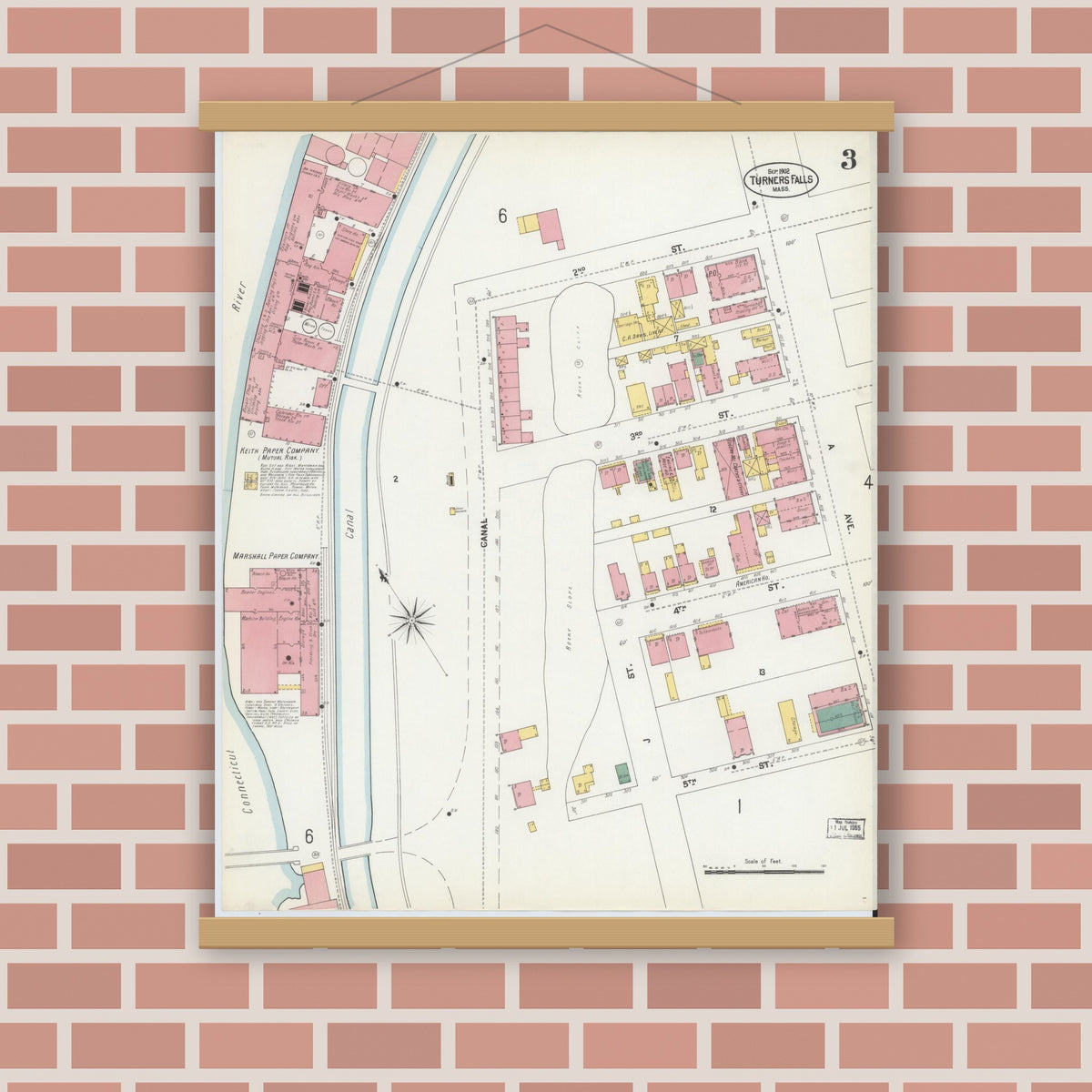 Old map wall art mockup — magnetic wood frame on brick wall — Sanborn Fire Insurance Map from Turners Falls, Franklin County, Massachusetts (1902), Sheet #0003